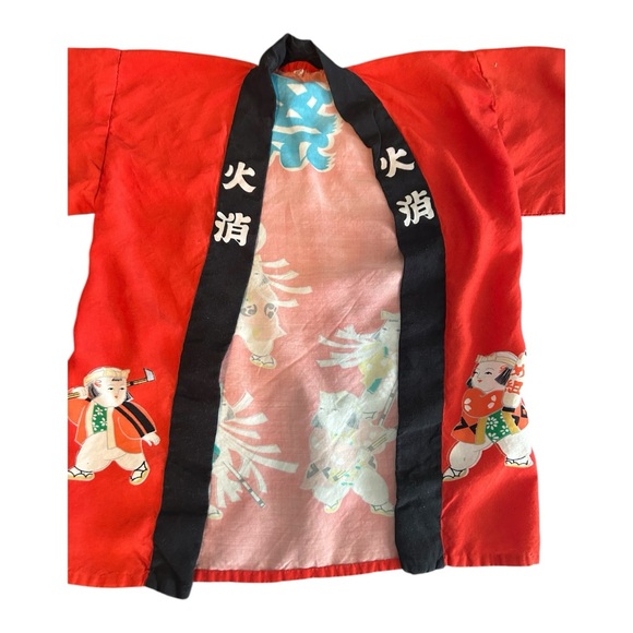 VTG Toddler Child’s Japanese Kimono-Style Happi Coat Robe Red Black No Belt - Picture 2 of 11